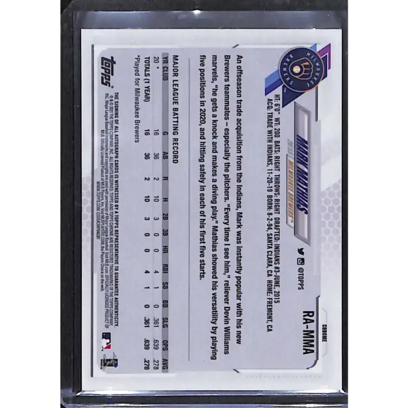 2021 Topps Chrome #RA-MMA Mark Mathias Rookie Auto NM-MT Baseball Card - Baseball Card Single
