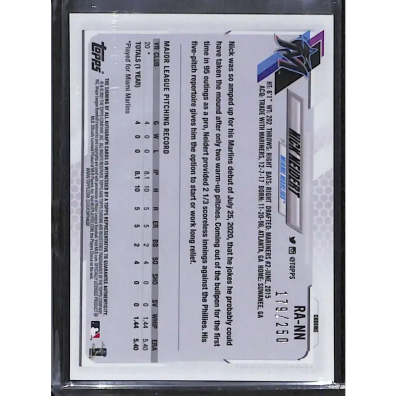 2021 Topps Chrome #RA-NN Nick Neidert Rookie Auto Purple Refractor #/250 NM-MT Baseball Card - Baseball Card Single