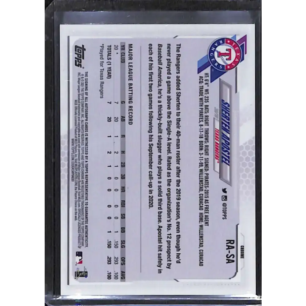 2021 Topps Chrome #RA-SA Sherten Apostel Rookie Auto NM-MT Baseball Card - Baseball Card Single