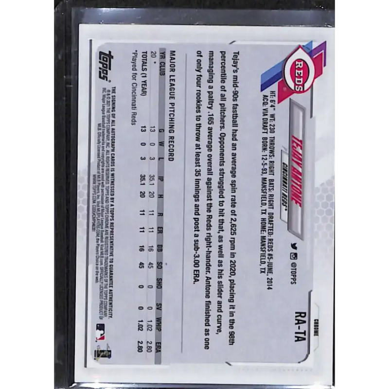 2021 Topps Chrome #RA-TA Tejay Antone Rookie Auto NM-MT Baseball Card - Baseball Card Single