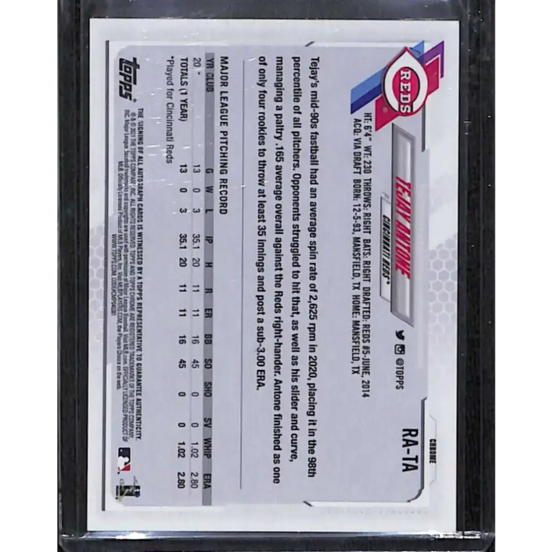 2021 Topps Chrome #RA-TA Tejay Antone Rookie Auto NM-MT Baseball Card - Baseball Card Single