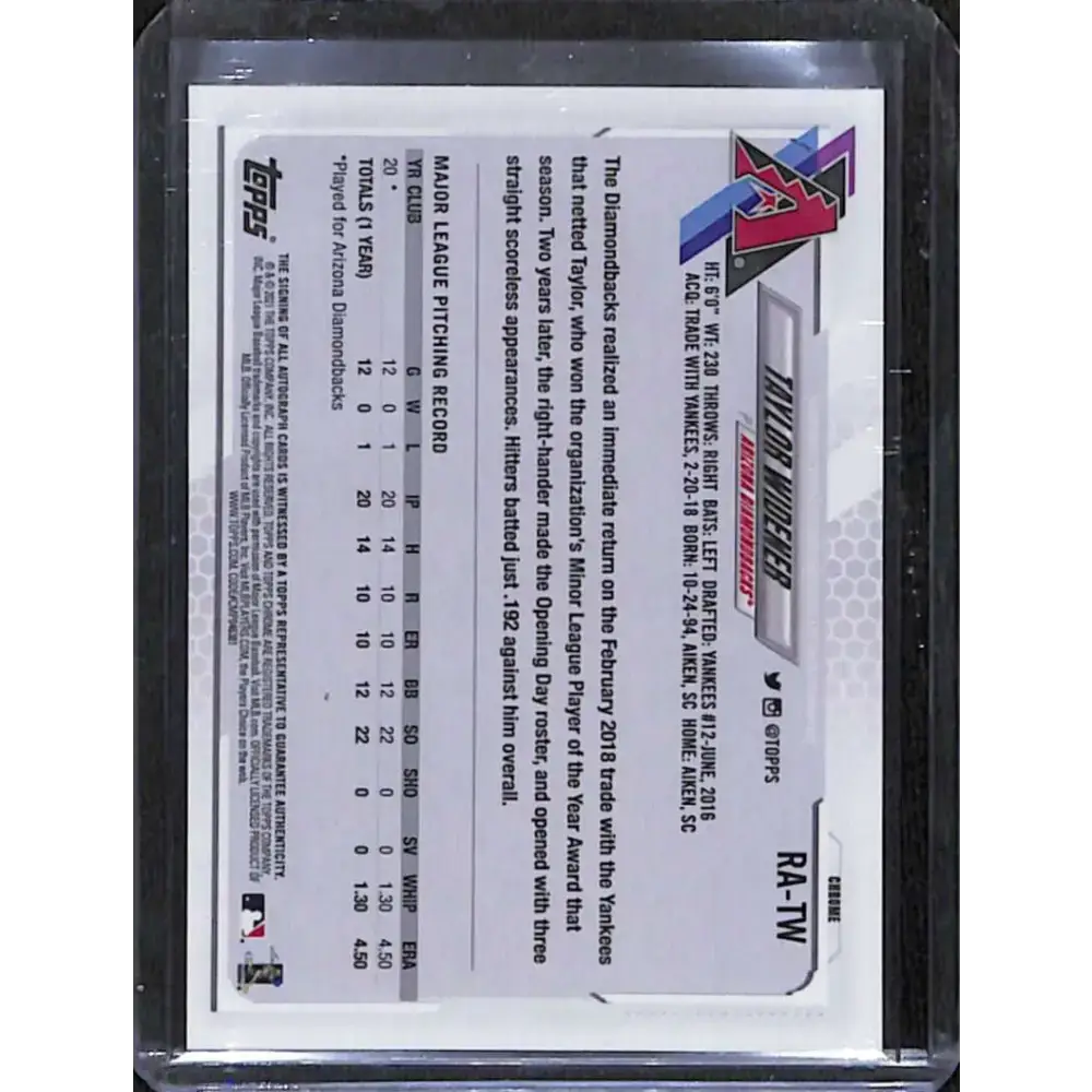2021 Topps Chrome #RA-TW Taylor Widener Rookie Auto NM-MT Baseball Card - Baseball Card Single