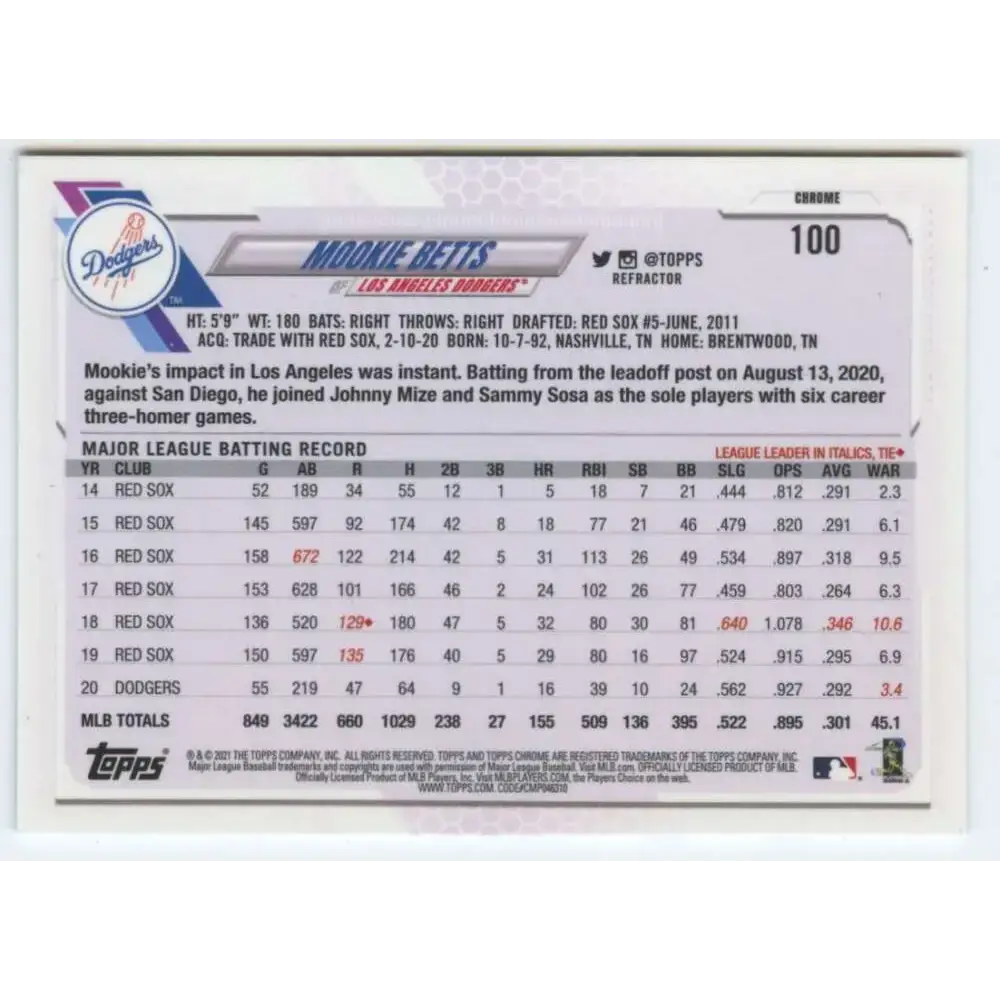 2021 Topps Chrome Refractor #100 Mookie Betts NM/MT Los Angeles Dodgers Baseball Card - Baseball Card Single