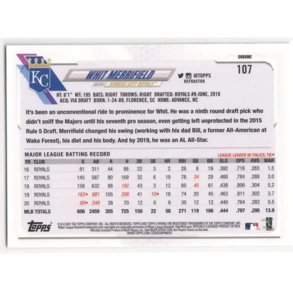 2021 Topps Chrome Refractor #107 Whit Merrifield NM/MT Kansas City Royals Baseball Card - Baseball Card Single