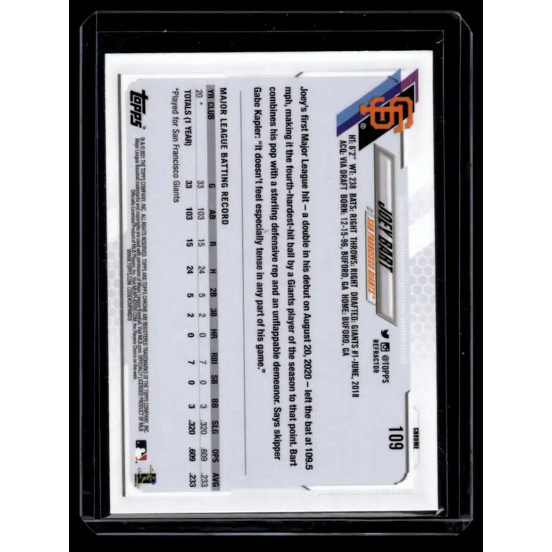2021 Topps Chrome Refractor #109 Joey Bart NM/MT RC Rookie San Francisco Giants Baseball Card - Baseball Card Single