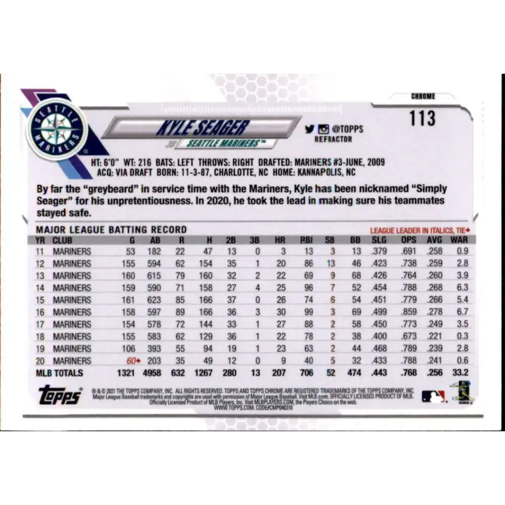 2021 Topps Chrome Refractor #113 Kyle Seager NM/MT Seattle Mariners Baseball Card - Baseball Card Single