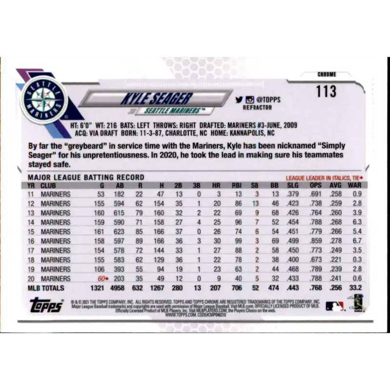 2021 Topps Chrome Refractor #113 Kyle Seager NM/MT Seattle Mariners Baseball Card - Baseball Card Single
