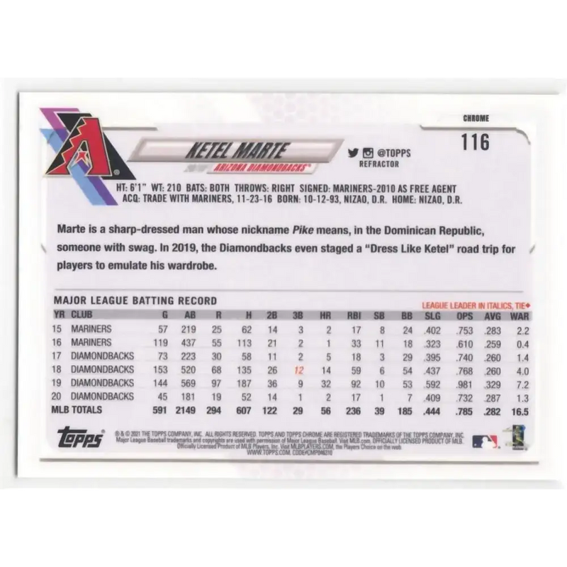 2021 Topps Chrome Refractor #116 Ketel Marte NM/MT Arizona Diamondbacks Baseball Card - Baseball Card Single