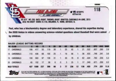 Baseball card back showing original gloss for 2021 Topps Chrome Refractor Paul DeJong