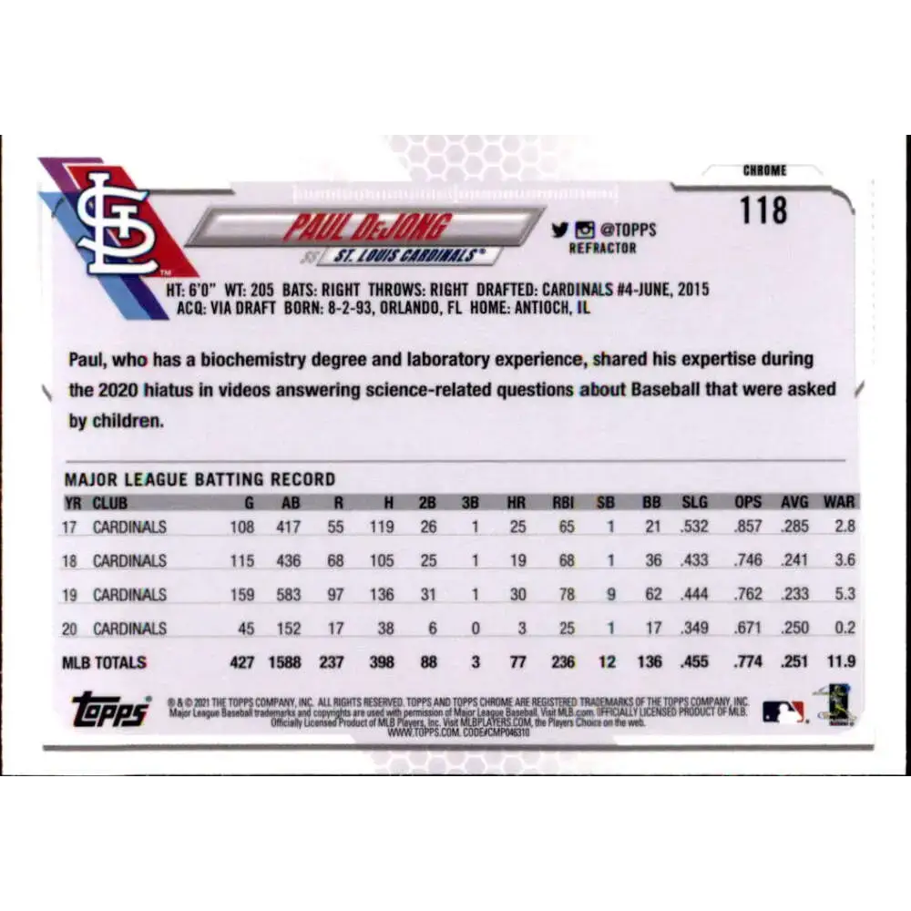 2021 Topps Chrome Refractor #118 Paul DeJong NM/MT St. Louis Cardinals Baseball Card - Baseball Card Single