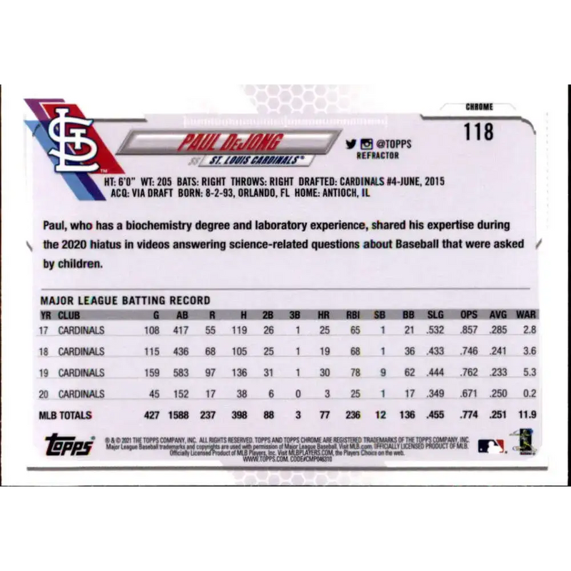 2021 Topps Chrome Refractor #118 Paul DeJong NM/MT St. Louis Cardinals Baseball Card - Baseball Card Single