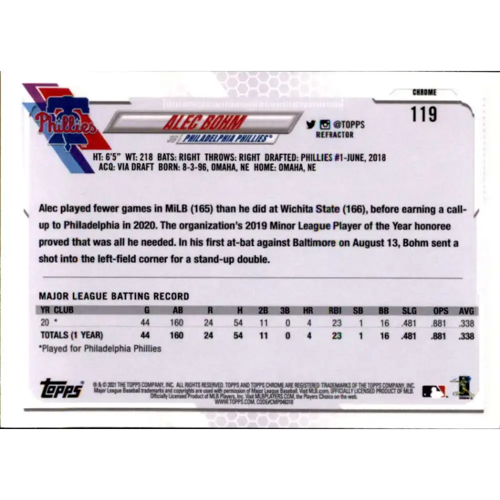 2021 Topps Chrome Refractor #119 Alec Bohm NM/MT RC Rookie Philadelphia Phillies Baseball Card - Baseball Card Single