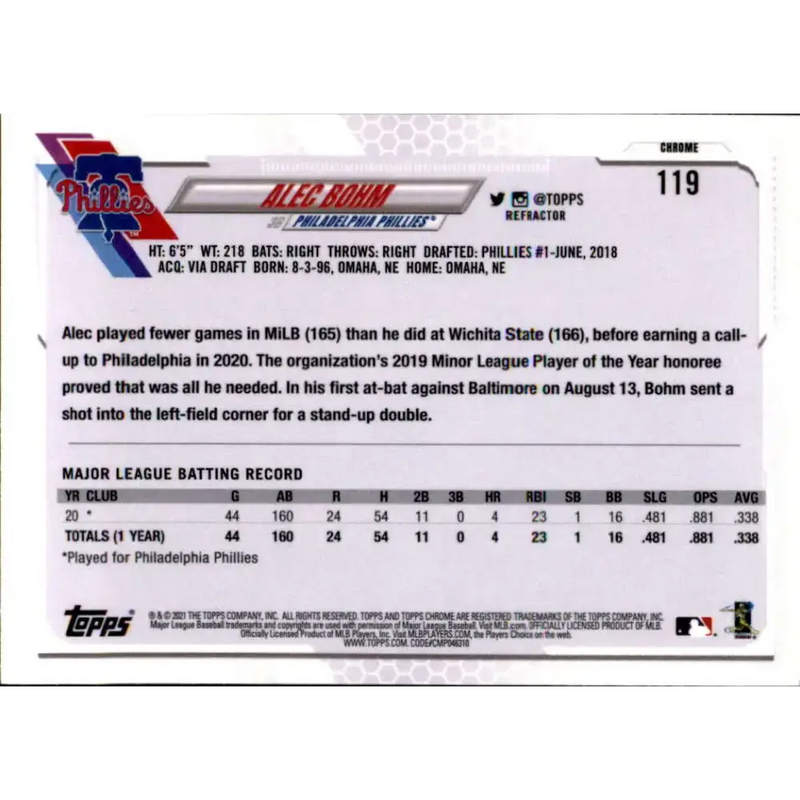 2021 Topps Chrome Refractor #119 Alec Bohm NM/MT RC Rookie Philadelphia Phillies Baseball Card - Baseball Card Single