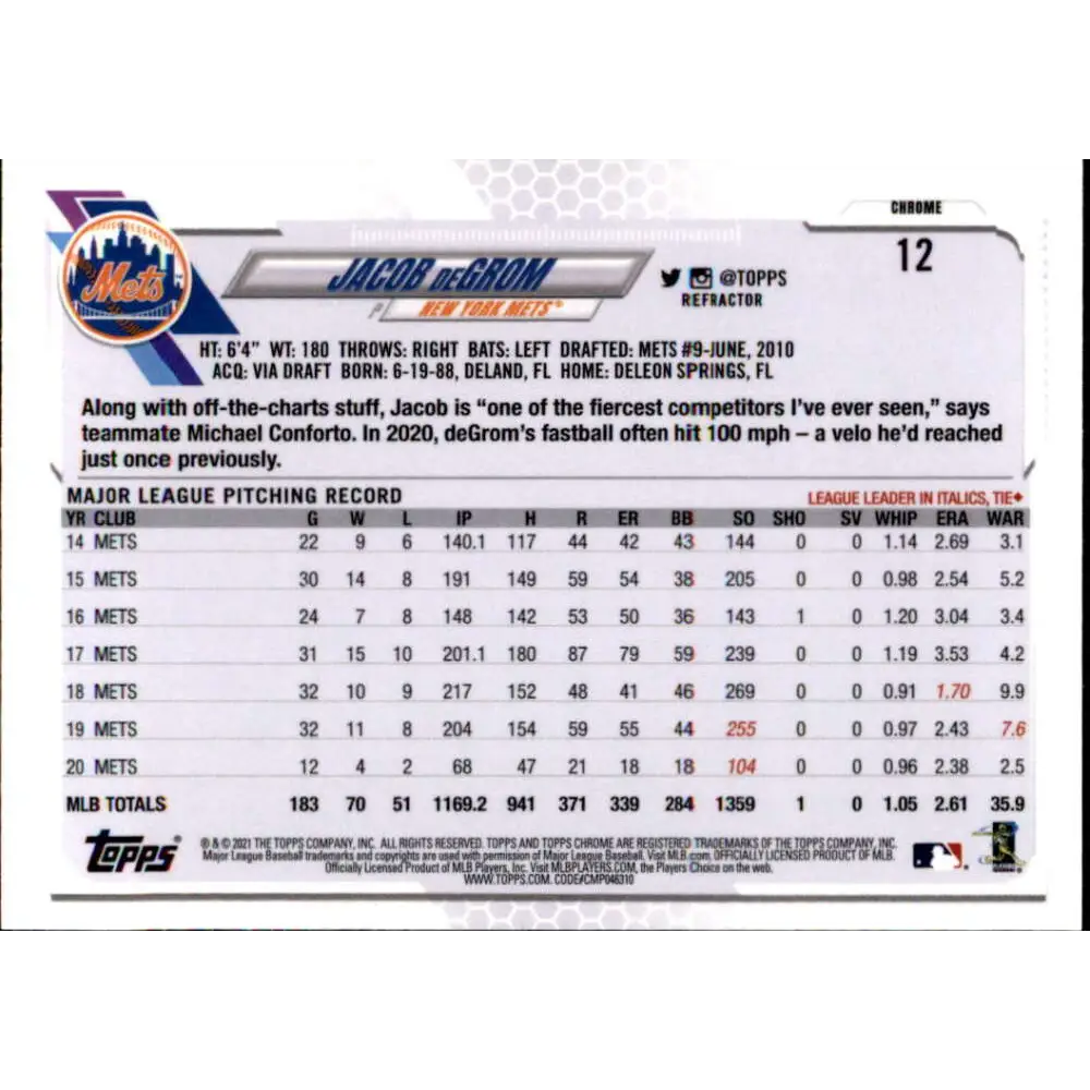 2021 Topps Chrome Refractor #12 Jacob deGrom NM-MT New York Mets Baseball Card  Image 2