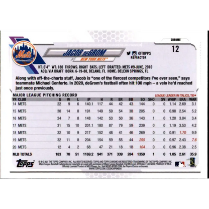 2021 Topps Chrome Refractor #12 Jacob deGrom NM-MT New York Mets Baseball Card  Image 2