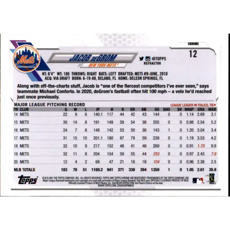 2021 Topps Chrome Refractor #12 Jacob deGrom NM-MT New York Mets Baseball Card - Baseball Card Single