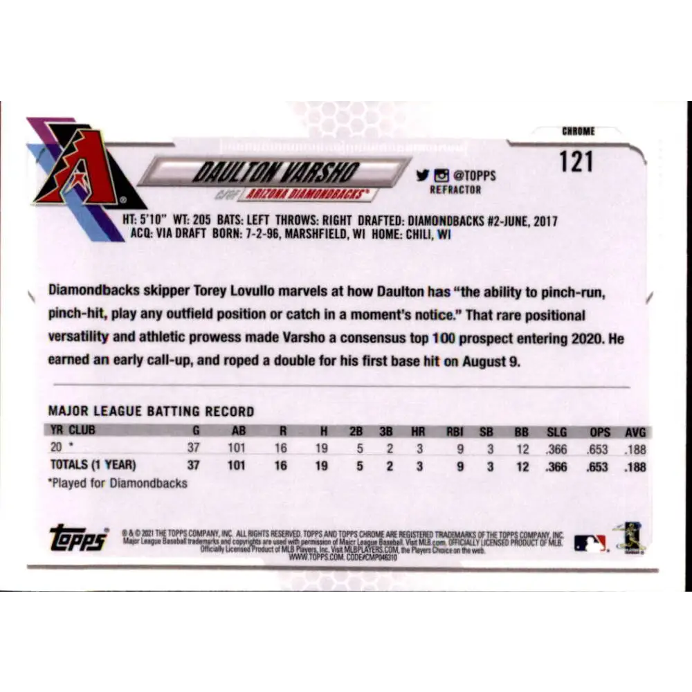 2021 Topps Chrome Refractor #121 Daulton Varsho NM-MT RC Rookie Arizona Diamondbacks Baseball Card  Image 2