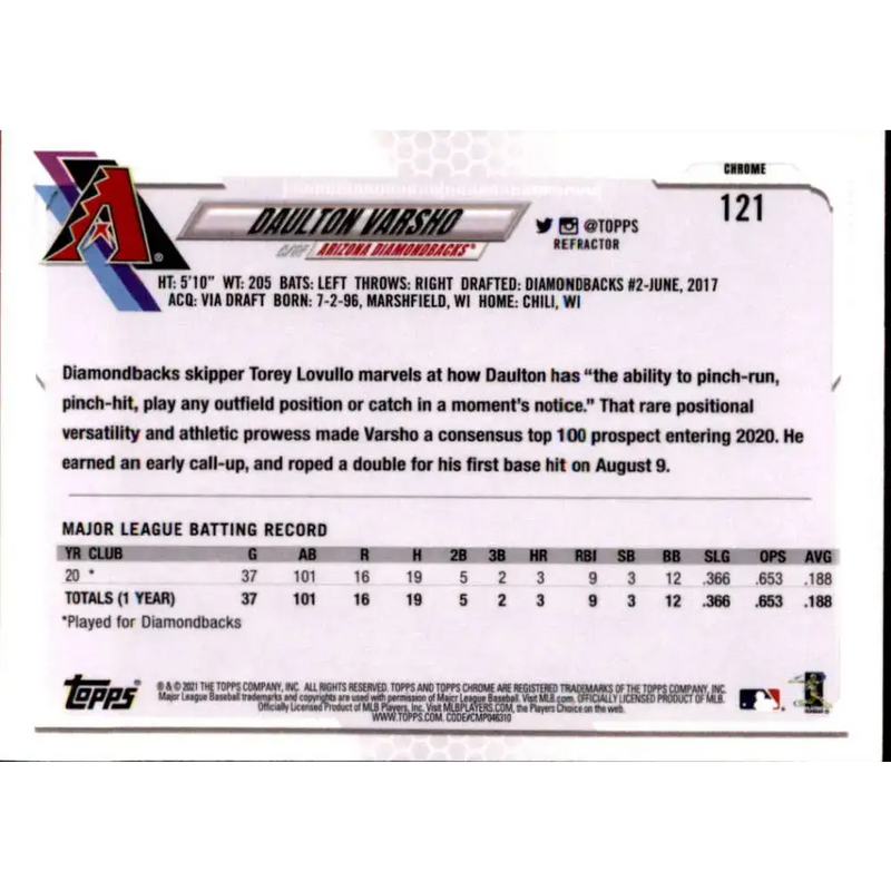 2021 Topps Chrome Refractor #121 Daulton Varsho NM-MT RC Rookie Arizona Diamondbacks Baseball Card - Baseball Card