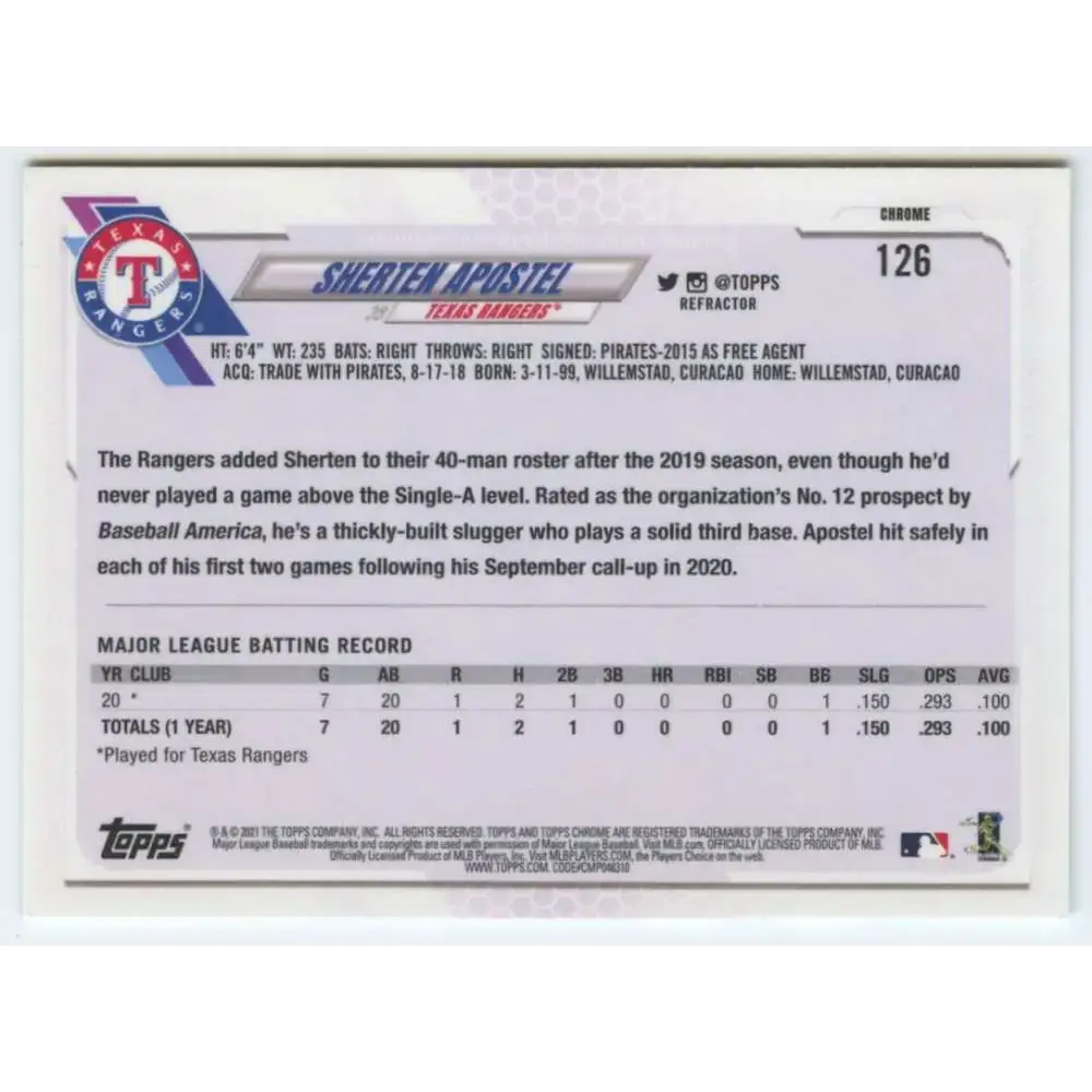 2021 Topps Chrome Refractor #126 Sherten Apostel NM/MT RC Rookie Texas Rangers Baseball Card - Baseball Card Single