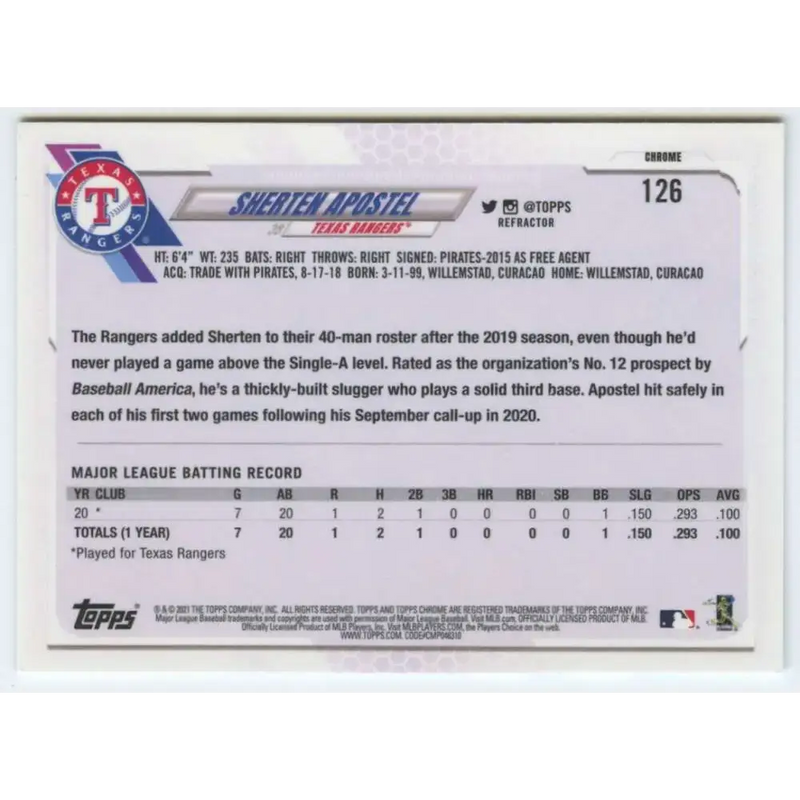 2021 Topps Chrome Refractor #126 Sherten Apostel NM/MT RC Rookie Texas Rangers Baseball Card - Baseball Card Single