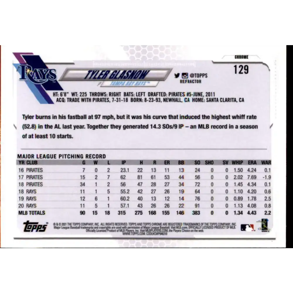 2021 Topps Chrome Refractor #129 Tyler Glasnow NM/MT Tampa Bay Rays Baseball Card - Baseball Card Single