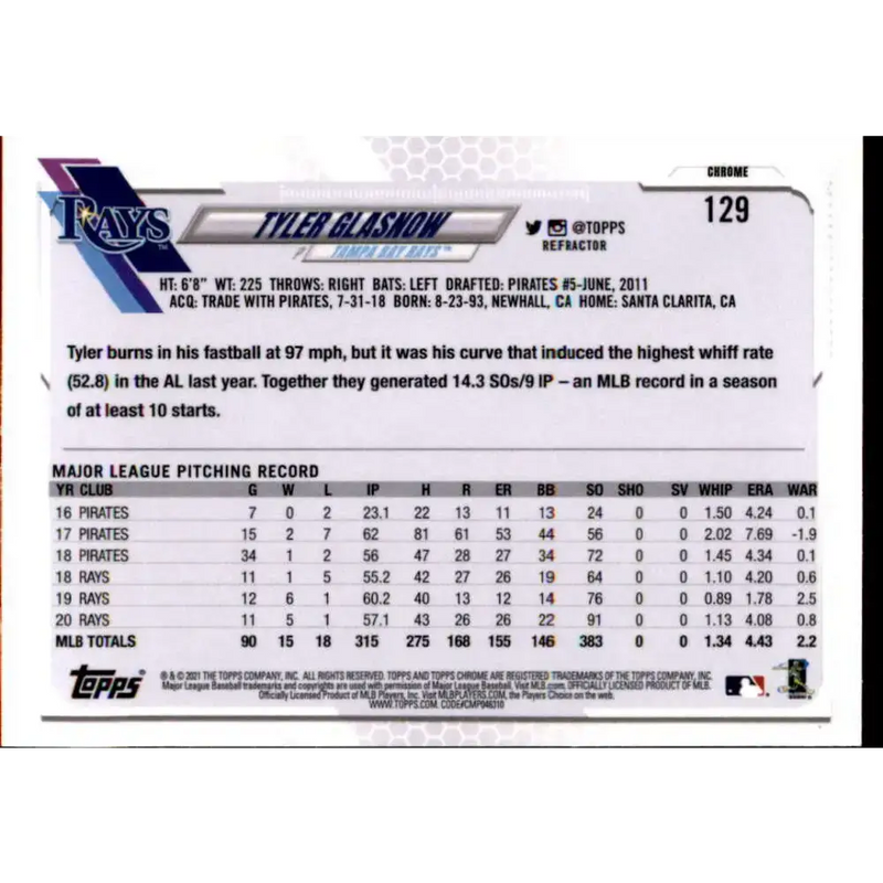 2021 Topps Chrome Refractor #129 Tyler Glasnow NM/MT Tampa Bay Rays Baseball Card - Baseball Card Single