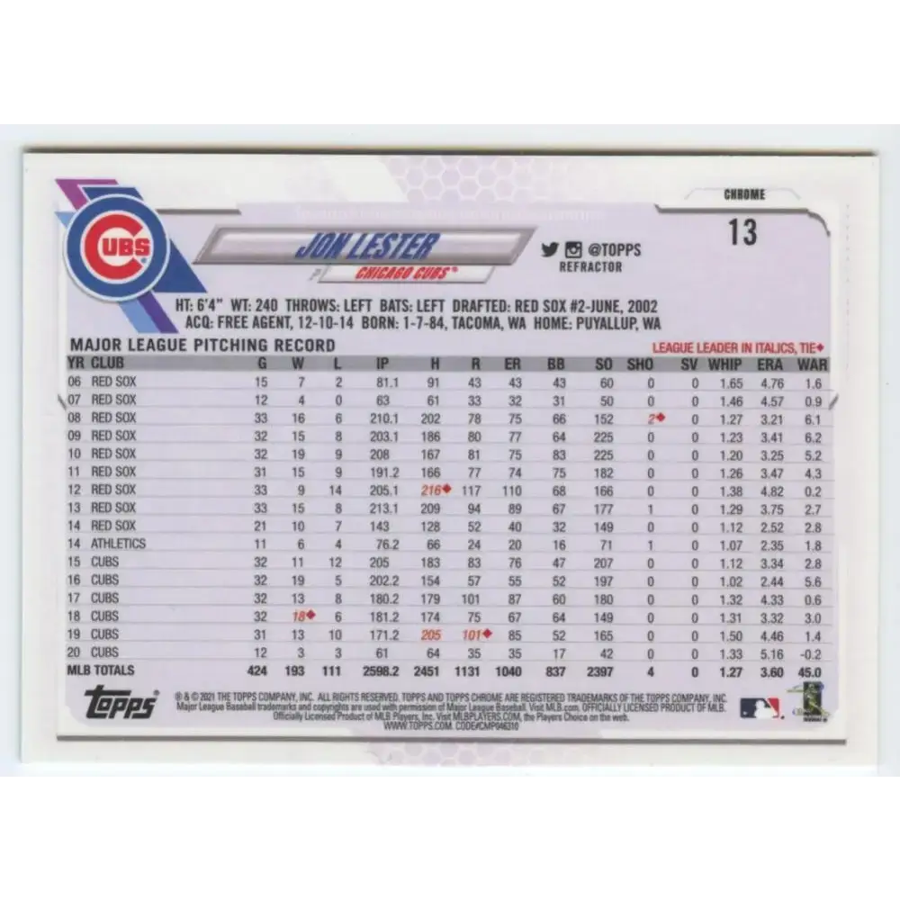 2021 Topps Chrome Refractor #13 Jon Lester NM/MT Chicago Cubs Baseball Card - Baseball Card Single