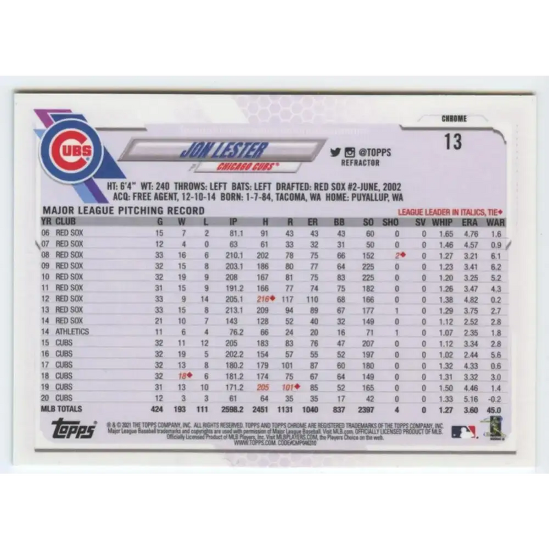 2021 Topps Chrome Refractor #13 Jon Lester NM/MT Chicago Cubs Baseball Card - Baseball Card Single