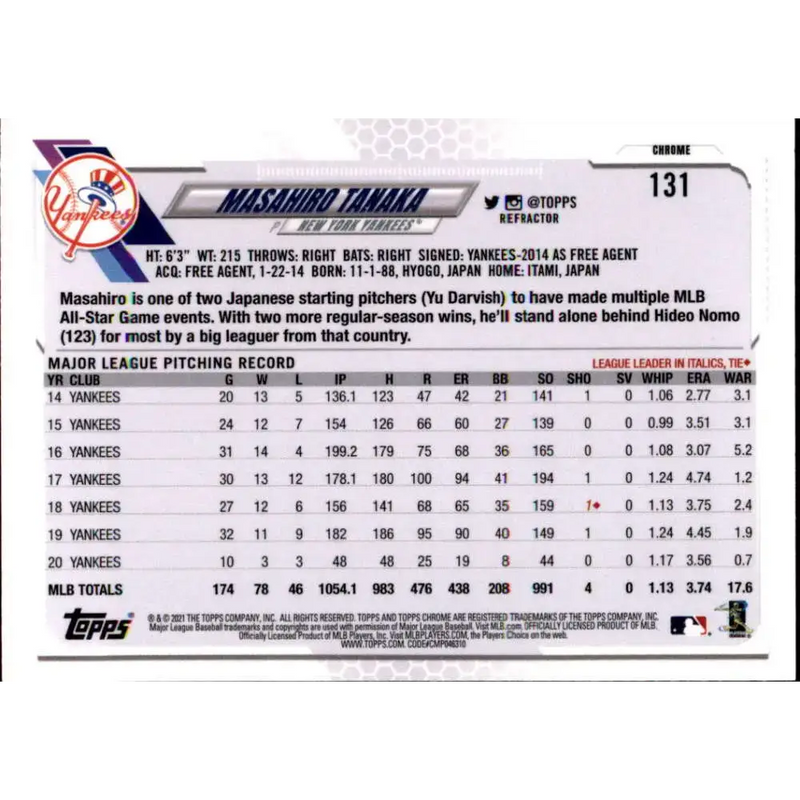2021 Topps Chrome Refractor #131 Masahiro Tanaka NM/MT New York Yankees Baseball Card - Baseball Card Single