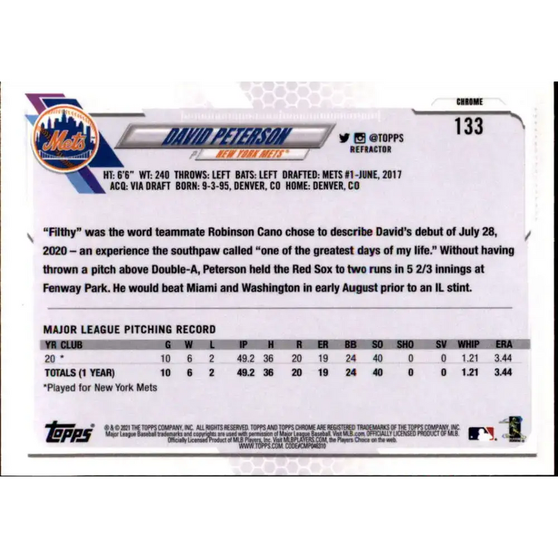 2021 Topps Chrome Refractor #133 David Peterson NM/MT RC Rookie New York Mets Baseball Card - Baseball Card Single