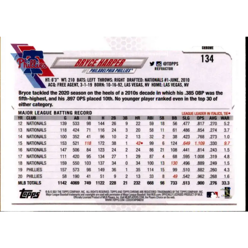 2021 Topps Chrome Refractor #134 Bryce Harper NM/MT Philadelphia Phillies Baseball Card - Baseball Card Single
