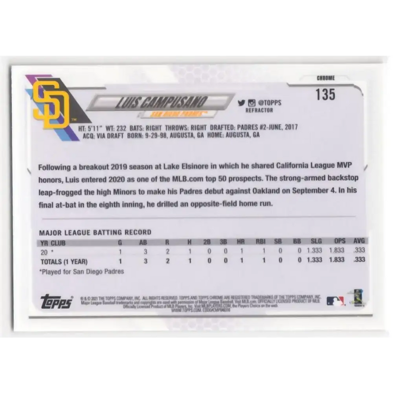 2021 Topps Chrome Refractor #135 Luis Campusano NM/MT RC Rookie San Diego Padres Baseball Card - Baseball Card Single