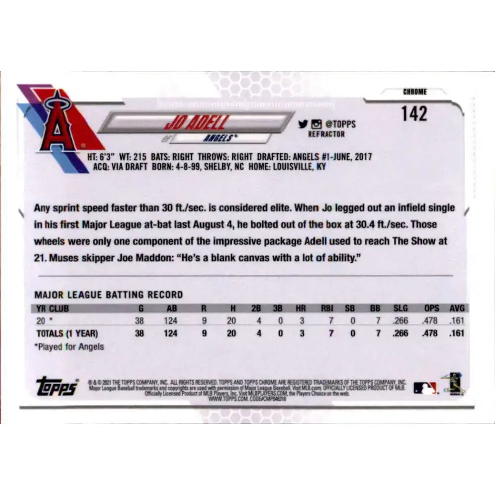 2021 Topps Chrome Refractor #142 Jo Adell NM/MT RC Rookie Los Angeles Angels Baseball Card - Baseball Card Single