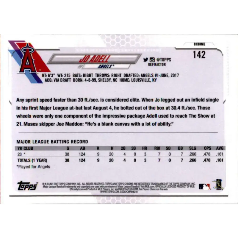 2021 Topps Chrome Refractor #142 Jo Adell NM/MT RC Rookie Los Angeles Angels Baseball Card - Baseball Card Single
