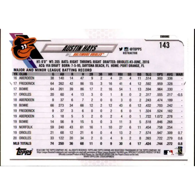 2021 Topps Chrome Refractor #143 Austin Hays NM/MT Baltimore Orioles Baseball Card - Baseball Card Single