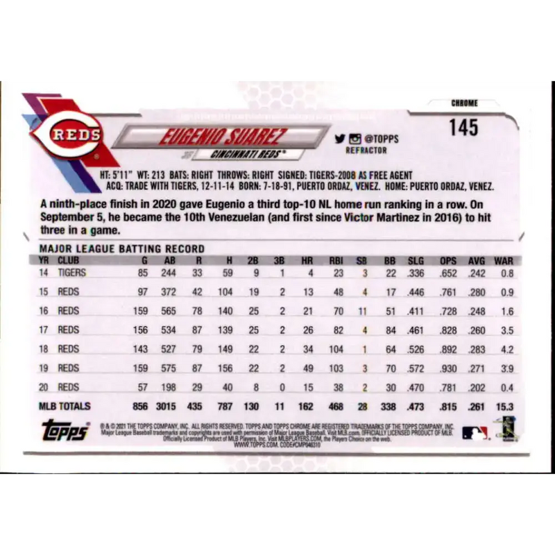 2021 Topps Chrome Refractor #145 Eugenio Suarez NM/MT Cincinnati Reds Baseball Card - Baseball Card Single