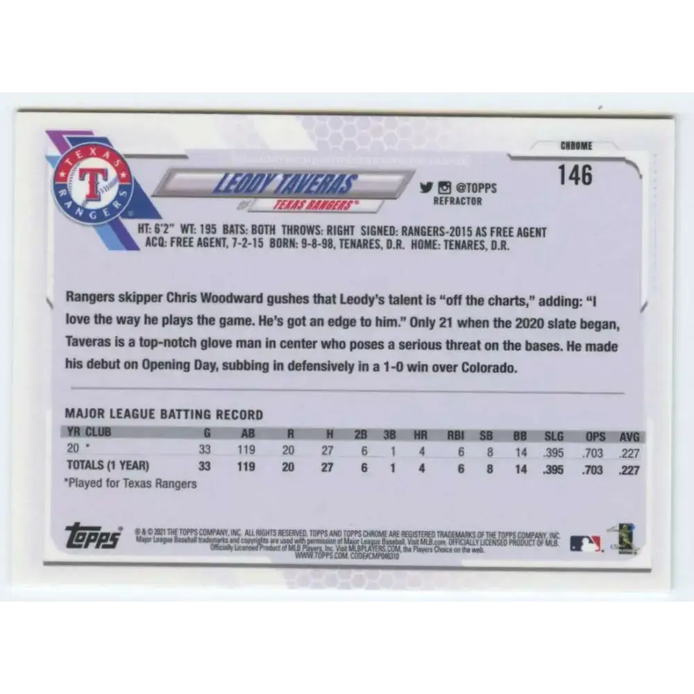 2021 Topps Chrome Refractor #146 Leody Taveras NM/MT RC Rookie Texas Rangers Baseball Card - Baseball Card Single