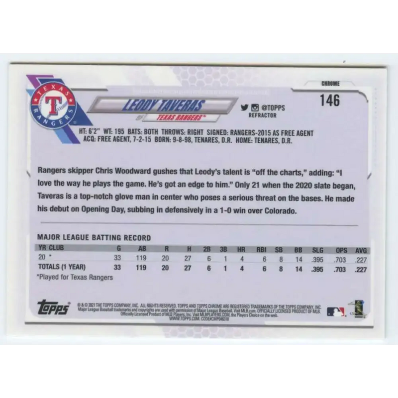 2021 Topps Chrome Refractor #146 Leody Taveras NM/MT RC Rookie Texas Rangers Baseball Card - Baseball Card Single