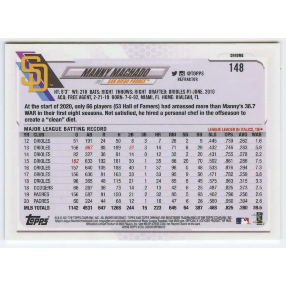 2021 Topps Chrome Refractor #148 Manny Machado NM-MT San Diego Padres Baseball Card  Image 2