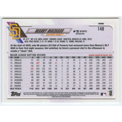 2021 Topps Chrome Refractor #148 Manny Machado NM-MT San Diego Padres Baseball Card  Image 2
