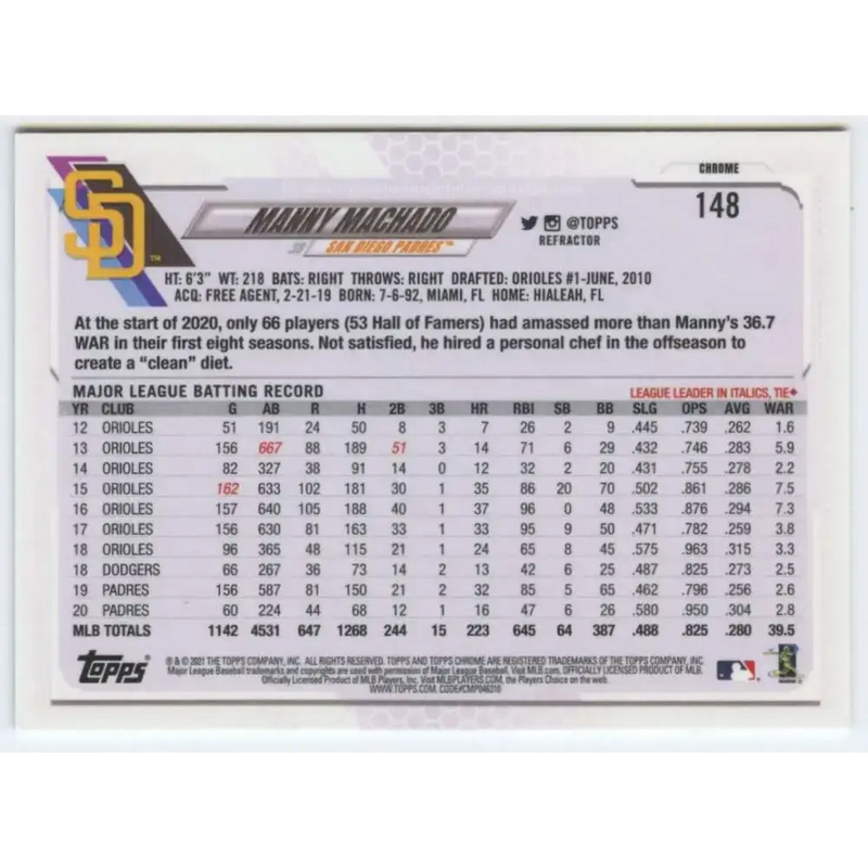 2021 Topps Chrome Refractor #148 Manny Machado NM/MT San Diego Padres Baseball Card - Baseball Card Single