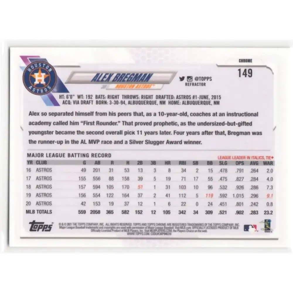 2021 Topps Chrome Refractor #149 Alex Bregman NM/MT Houston Astros Baseball Card - Baseball Card Single