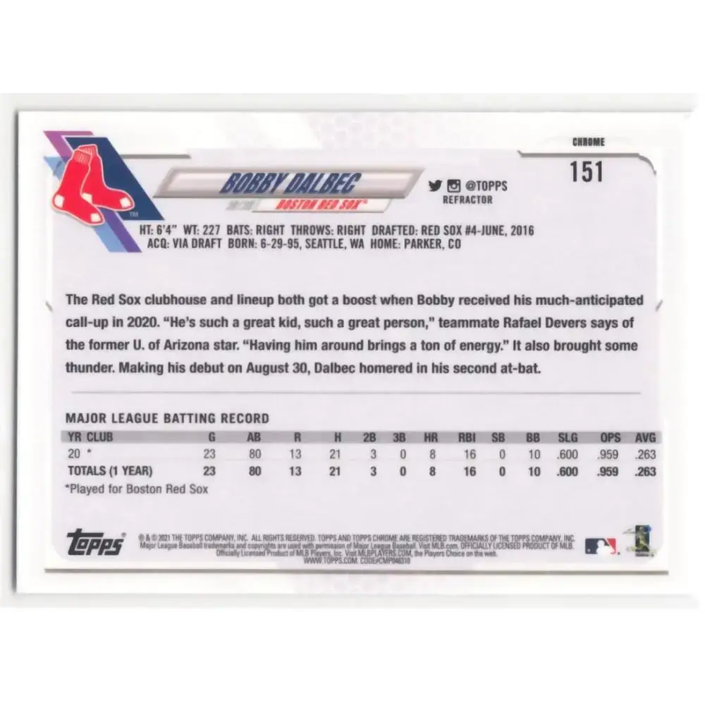 2021 Topps Chrome Refractor #151 Bobby Dalbec NM/MT RC Rookie Boston Red Sox Baseball Card - Baseball Card Single
