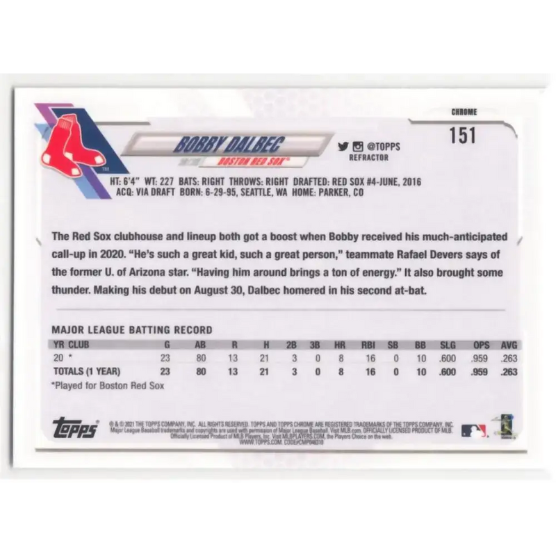 2021 Topps Chrome Refractor #151 Bobby Dalbec NM/MT RC Rookie Boston Red Sox Baseball Card - Baseball Card Single