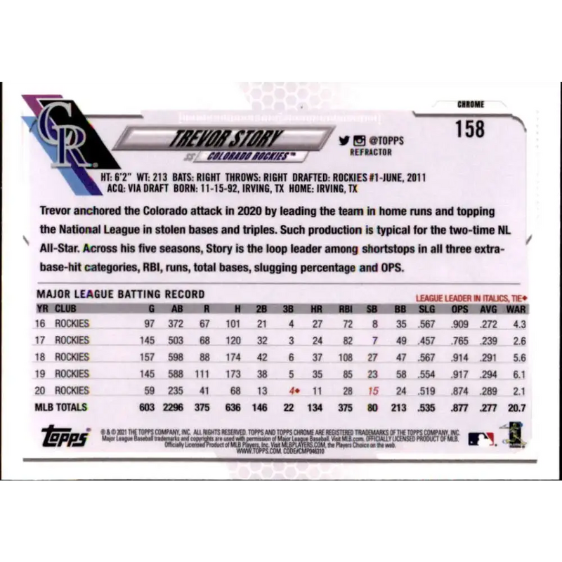 2021 Topps Chrome Refractor #158 Trevor Story NM/MT Colorado Rockies Baseball Card - Baseball Card Single