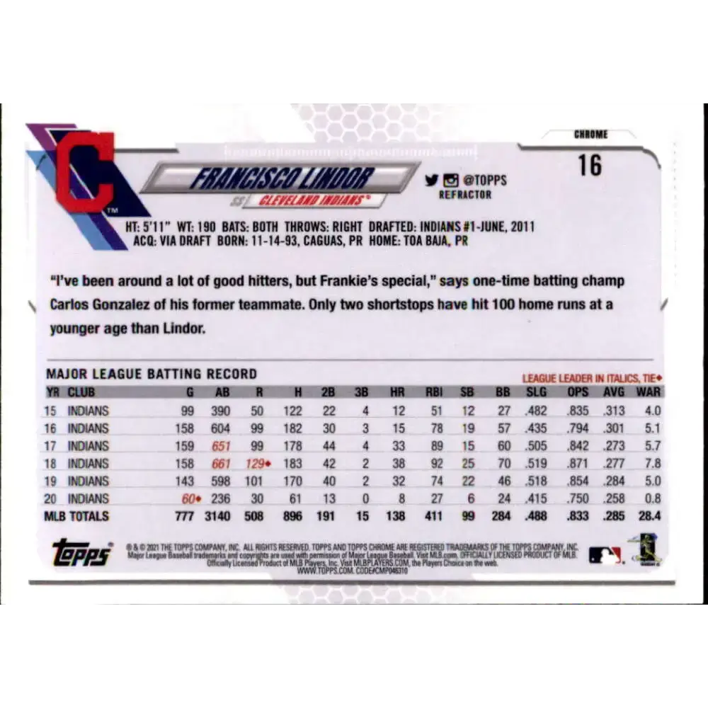 2021 Topps Chrome Refractor #16 Francisco Lindor NM/MT Cleveland Indians Baseball Card - Baseball Card Single