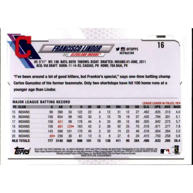 2021 Topps Chrome Refractor #16 Francisco Lindor NM/MT Cleveland Indians Baseball Card - Baseball Card Single