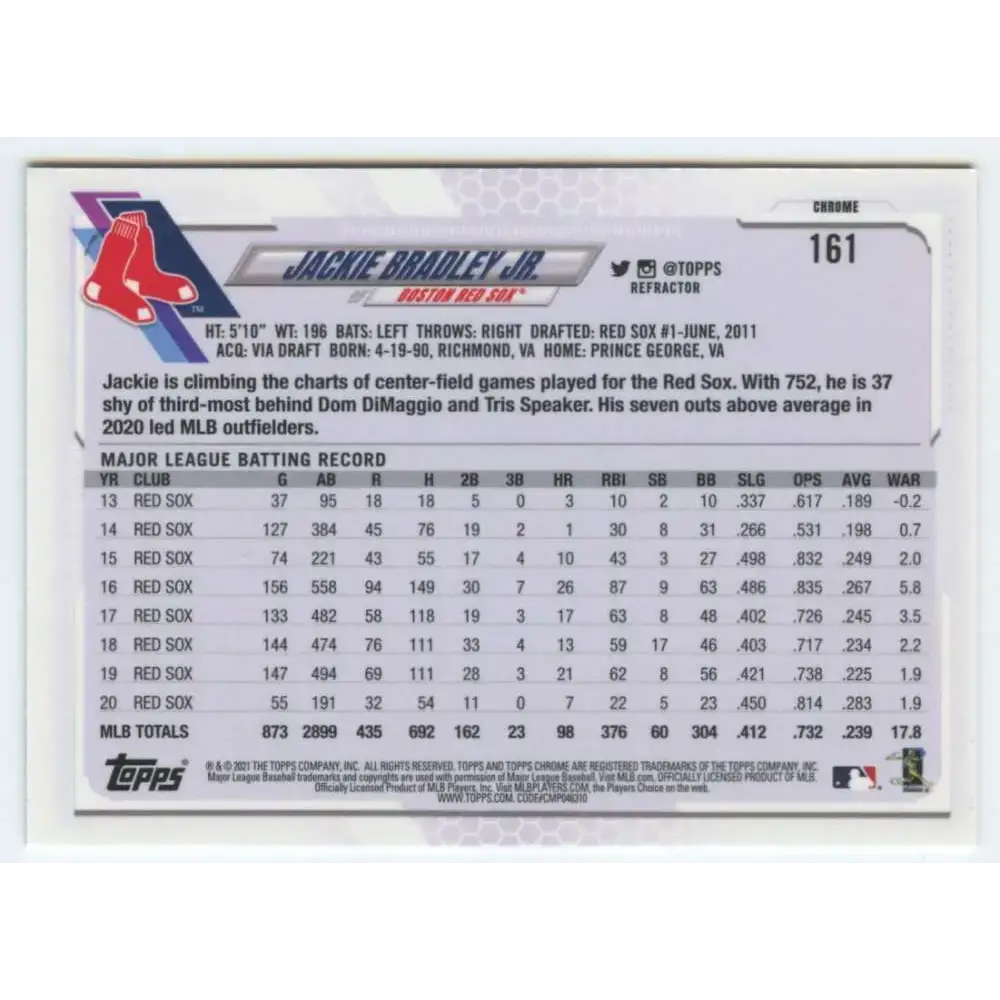 2021 Topps Chrome Refractor #161 Jackie Bradley Jr. NM/MT Boston Red Sox Baseball Card - Baseball Card Single