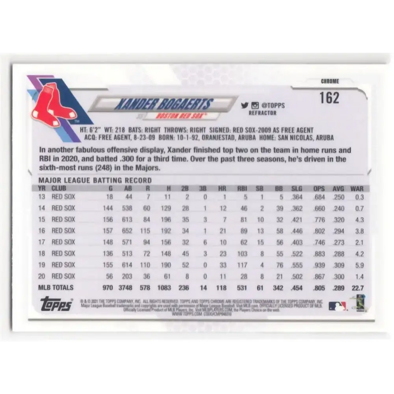 2021 Topps Chrome Refractor #162 Xander Bogaerts NM/MT Boston Red Sox Baseball Card - Baseball Card Single