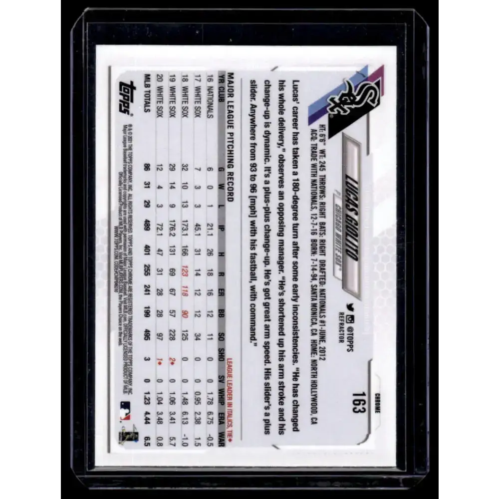 2021 Topps Chrome Refractor #163 Lucas Giolito NM/MT Chicago White Sox Baseball Card - Baseball Card Single